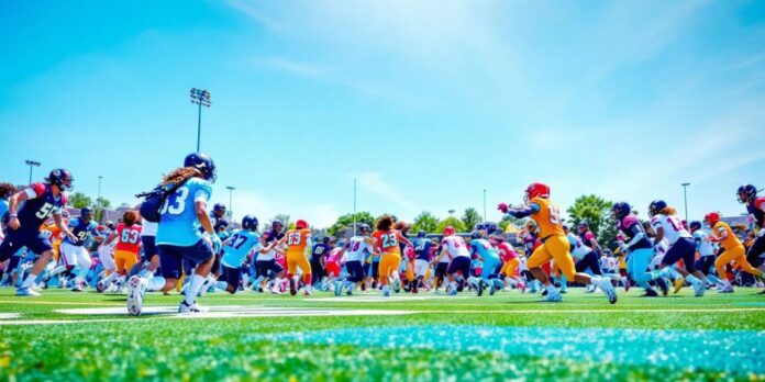 American football players in action on a bright field.