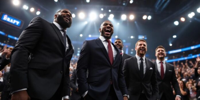 NFL Draft scene with players and cheering crowd.