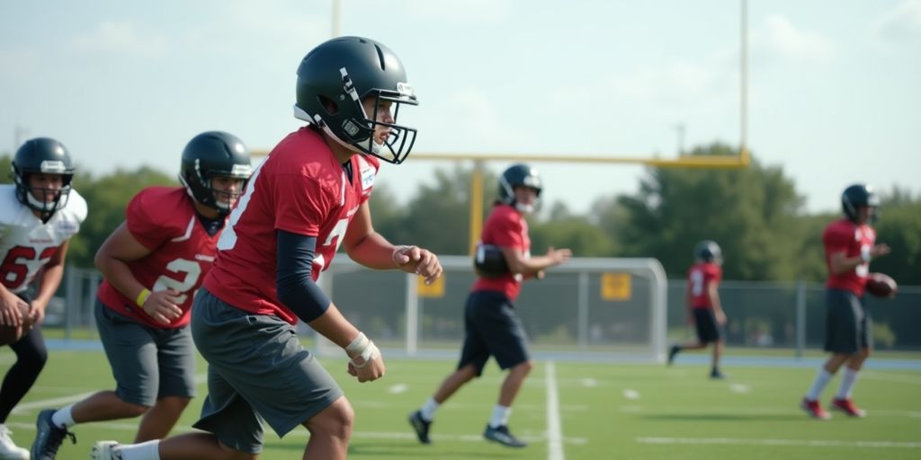 Youth football players training on a sunny field.