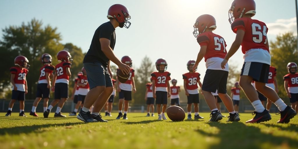 Youth football players practicing drills with coaches on field.